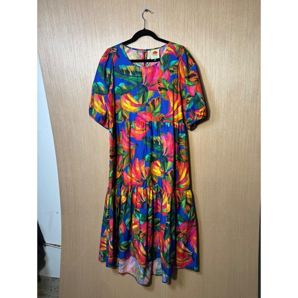 FARM Rio Dresses & Skirts - Farm Rio Womens Blue Tropical Banana Print Tiered Cotton Midi Dress Large 297331